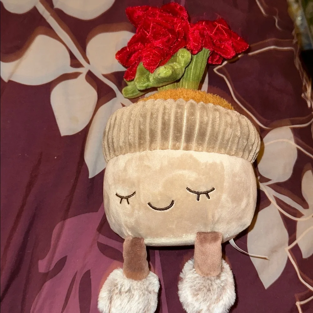 Holiday Potted Plant Plush Pillow - Beige with Red Flowers
